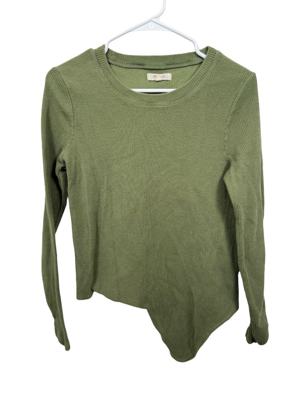 Madewell Sweater Top Small Green Asymmetric Hem Knit Stretch Edgy Ribbed Fall